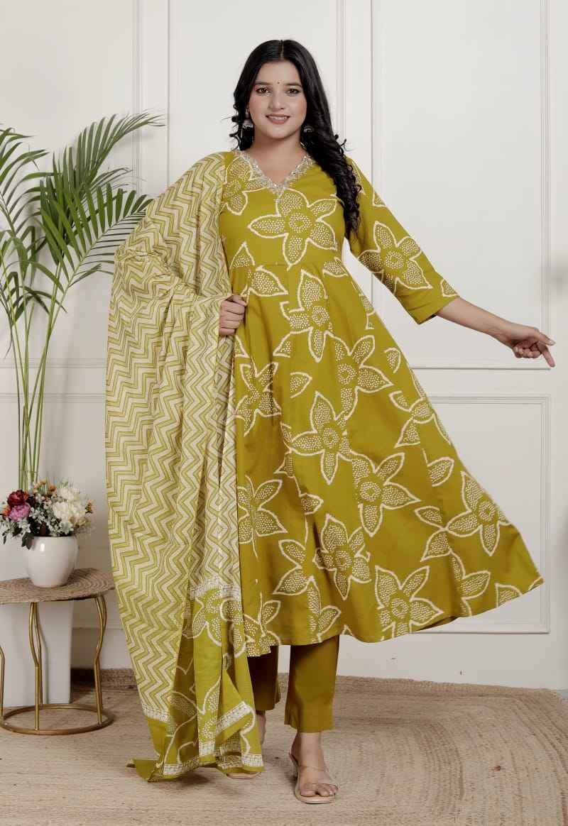 Mehendi green   Bandhej Blossom Anarkali gown Set